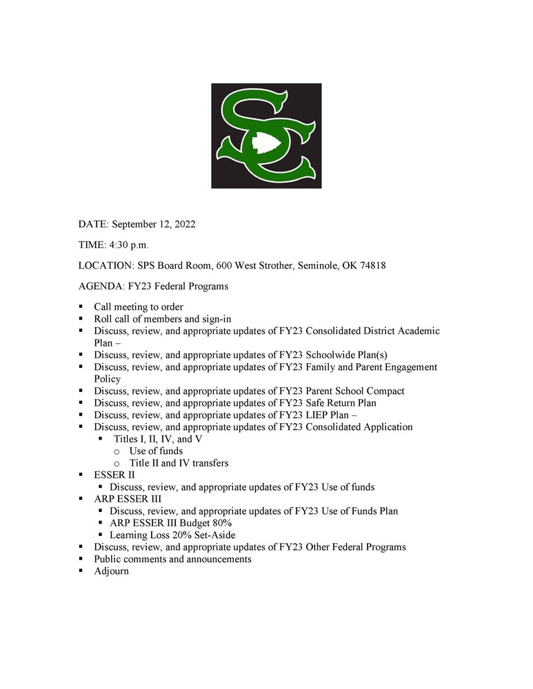 Please come and give input regarding Seminole Schools' use of federal funds. We want to hear from you!