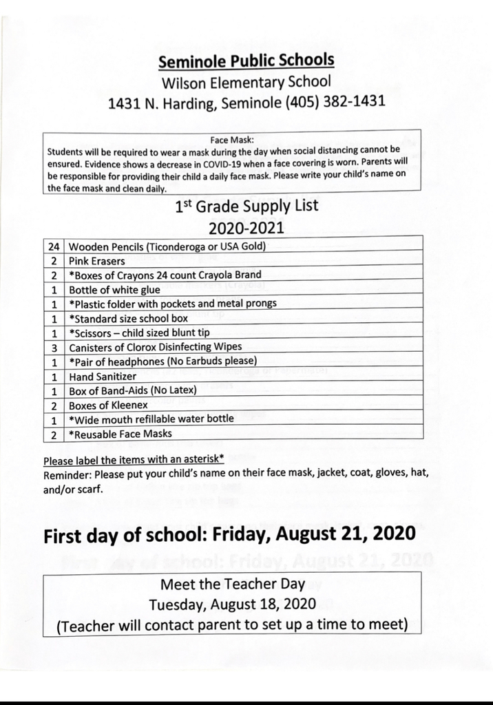 First Grade Supply List