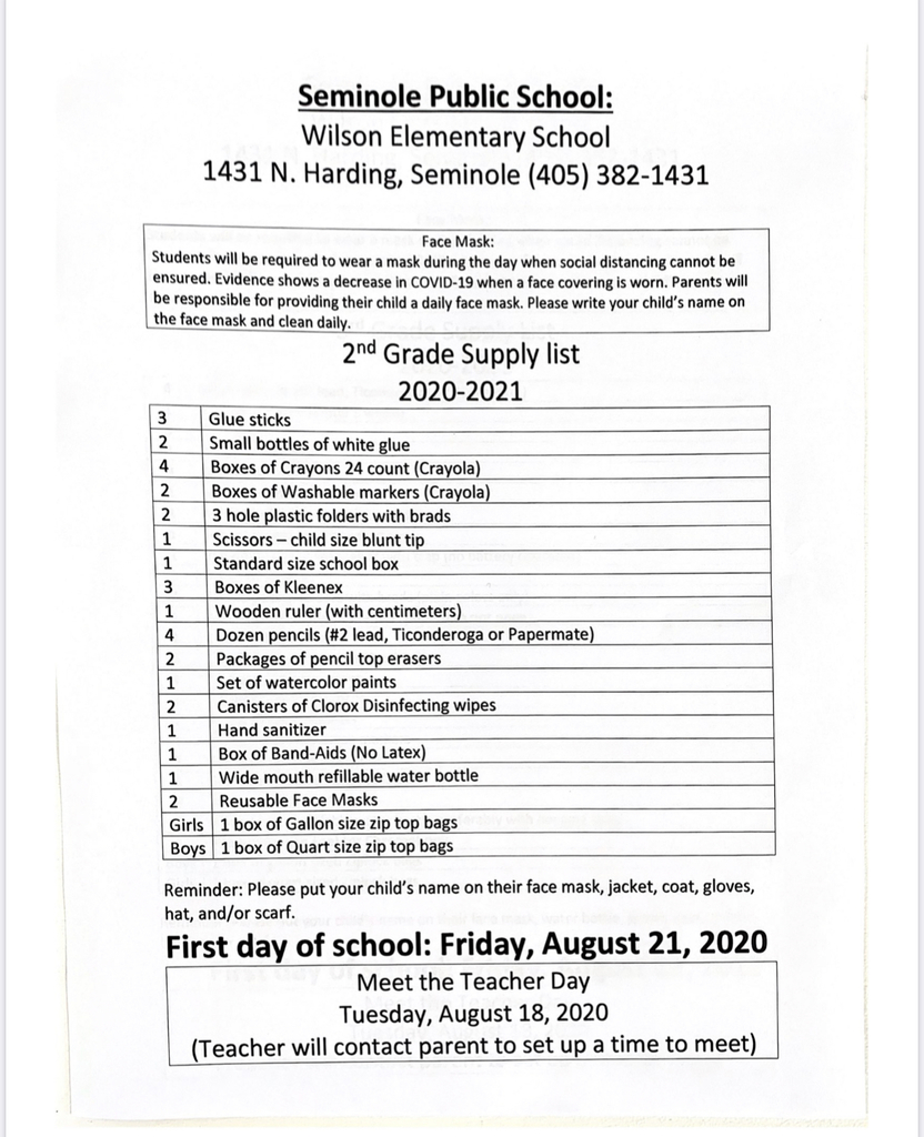 Second Grade Supply List